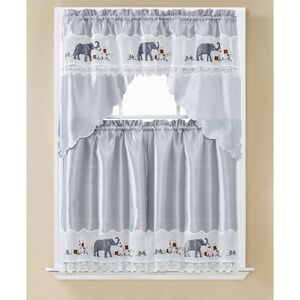 NEW 3 pc. Grace Embroidery Curtains Set: 2 Tiers & Swag, ELEPHANTS w FLOWERS